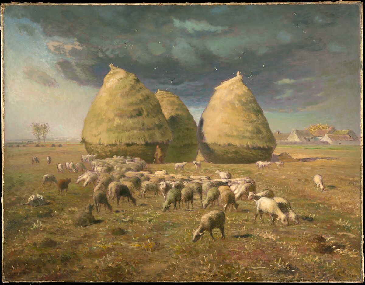Pastoral scene with sheep and haystacks